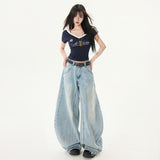 Dye-Effect Knife-Edge Denim Pants Mid-Waist Patchwork Wide-Leg Floor-Length Pants