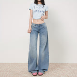 Women's Low-Waist Elastic Pattern Straight Jeans Summer Light Color Floor-Length Wide-Leg Pants