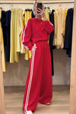 Fiery Red Varsity Striped Detail Cropped Pullover Wide Leg Pants 2pcs Outfit