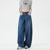 Women's Large Pocket Oversized Knife-Edge Jeans, Loose Baggy Patchwork Wide Leg Floor-Length Pants