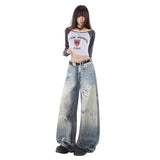 Graffiti Distressed Hand-painted Print Light Blue High Waist Wide Leg Jeans