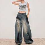 Women's Distressed Slash Denim Pants Spray Painted Vintage Loose Wide Leg Trousers