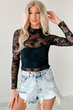 Black Mock Neck Floral Lace Mesh Long Sleeve Top