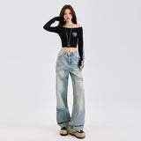 Denim Pants Spring New Washed Distressed Floor-Length Wide Straight Leg Pants for Women