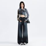 Light Blue Gradient Wide-Leg Jeans Autumn Washed Design Loose Drape Straight Trousers