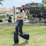 Women's Denim Pants Loose Folded Frayed Floor-Length Wide-Leg Trousers