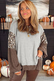 Gray Leopard Patchwork Dolman Sleeve High Low Baggy Sweatshirt