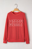 Blackish Green Twisted Rib Merry Letter Graphic Loose Long Sleeve Top