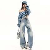 Light Blue Gradient Wide-Leg Jeans Autumn Washed Design Loose Drape Straight Trousers