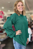 Evergreen Twisted Ribbed Tiered Ruffles Long Sleeve Pullover Top