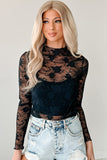 Black Mock Neck Floral Lace Mesh Long Sleeve Top