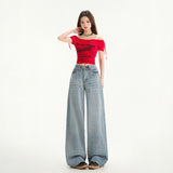 Women's Wide Leg Jeans Loose Drape Washed Straight Leg Floor Length Pants