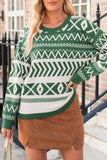 Dark Green Abstract Print Pullover Sweater