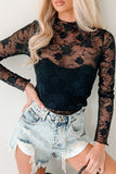 Black Mock Neck Floral Lace Mesh Long Sleeve Top