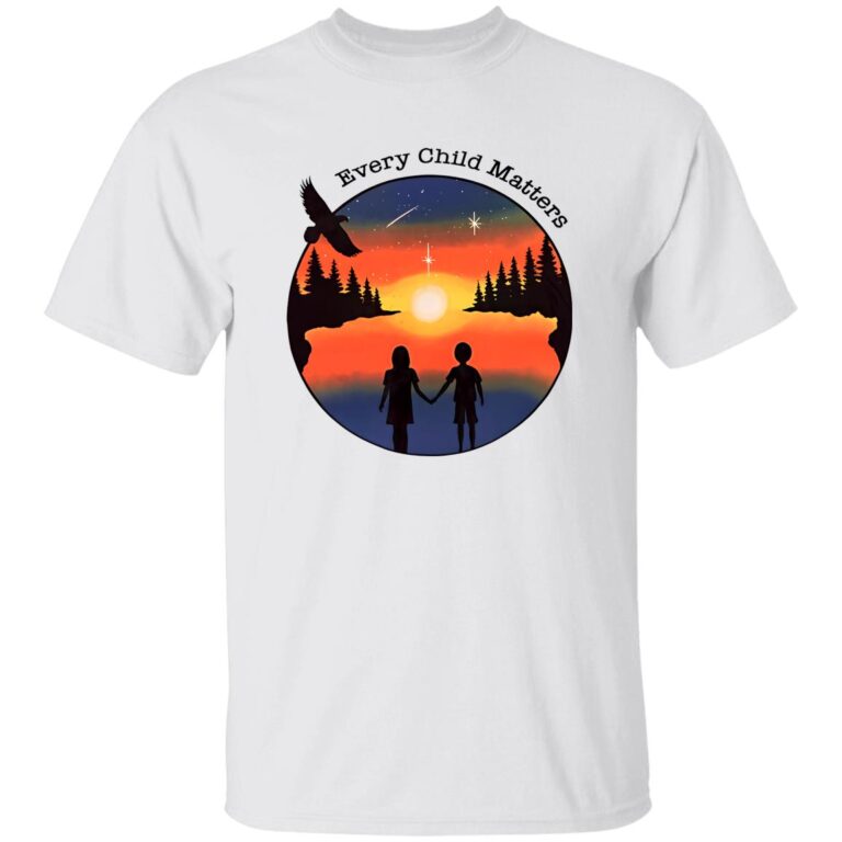 White t-shirt with a graphic design featuring two children holding hands, a sunset, and trees, with 'Every Child Matters' text.