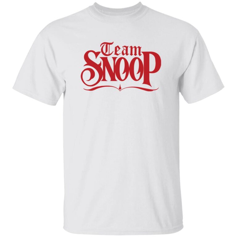 White t-shirt with 'Team Snoop' text in red on a white background