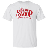 White t-shirt with 'Team Snoop' text in red on a white background