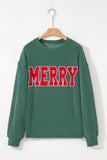Blackish Green Twisted Rib Merry Letter Graphic Loose Long Sleeve Top