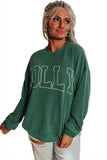 Blackish Green Twisted Rib Merry Letter Graphic Loose Long Sleeve Top