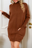 Fiery Red Ribbed High Neck Front Pockets Center Seam Sweater Dress