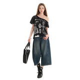 Women's Seven-Quarter Pants High-Waisted Wide-Leg Jeans