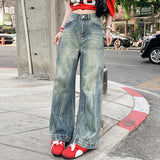 Women's Denim Pants with High Waist Loose Fit Relaxed Flare Wide Leg Trousers