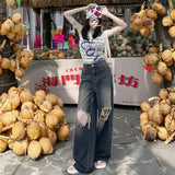 Women's Denim Pants Loose Folded Frayed Floor-Length Wide-Leg Trousers