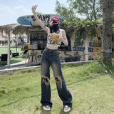 Women's Denim Pants Loose Folded Frayed Floor-Length Wide-Leg Trousers