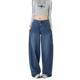 Women's Large Pocket Oversized Knife-Edge Jeans, Loose Baggy Patchwork Wide Leg Floor-Length Pants