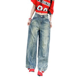 Women's Denim Pants with High Waist Loose Fit Relaxed Flare Wide Leg Trousers