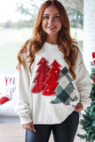 White Pearl Plaid Christmas Tree Patched Drop Shoulder Sweatshirt