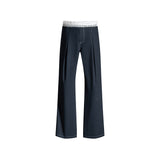 Casual Wide-Leg Pants for Women with Lace Trim Waistband Dark Blue Straight Leg, Low-Waist Floor-Length Style