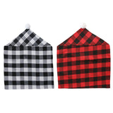 New home decor items for Christmas season, featuring red and black checkered patterns with white fur balls. Chair covers for Christmas atmosphere decoration
