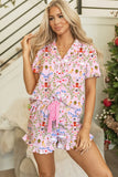 Pink Christmas Print Short Sleeve Shirt and Pajama Set
