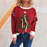 Casual Knitted Sweater Round Neck Splicing Christmas Tree Women's Hoodie