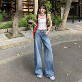 Women's Wide-Leg Floor-Length Denim Pants Washed Slim Straight Leg Trousers