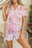 Pink Christmas Print Short Sleeve Shirt and Pajama Set