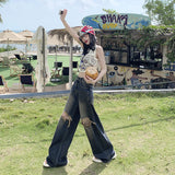 Women's Denim Pants Loose Folded Frayed Floor-Length Wide-Leg Trousers