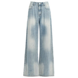 Light Blue Gradient Wide-Leg Jeans Autumn Washed Design Loose Drape Straight Trousers