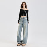 Denim Pants Spring New Washed Distressed Floor-Length Wide Straight Leg Pants for Women