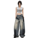 Women's Distressed Slash Denim Pants Spray Painted Vintage Loose Wide Leg Trousers