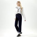 Women's Blue Wide-leg Jeans High-waisted Slimming Straight Leg Nine-point Pants