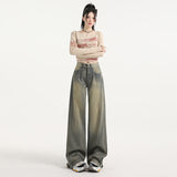 Distressed Stripe Denim Pants Women's Fashion Straight Leg Wide Leg Trousers
