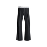 Casual Wide-Leg Pants for Women with Lace Trim Waistband Dark Blue Straight Leg, Low-Waist Floor-Length Style