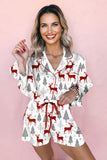 White Christmas Reindeer Print Knot Shorts Pajama Set