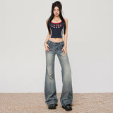 Women's Denim Blue Jeans Low Waist Slim Fit Versatile Straight Leg Wide Leg Floor Length Pants