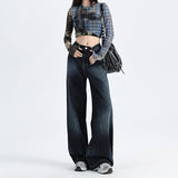 Light Blue Gradient Wide-Leg Jeans Autumn Washed Design Loose Drape Straight Trousers