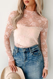Black Mock Neck Floral Lace Mesh Long Sleeve Top
