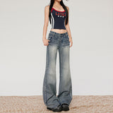 Women's Denim Blue Jeans Low Waist Slim Fit Versatile Straight Leg Wide Leg Floor Length Pants