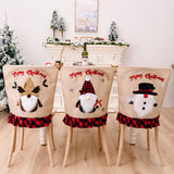 Christmas decoration chair cover with red and black checkered edges, Christmas season forest old man cartoon chair cover